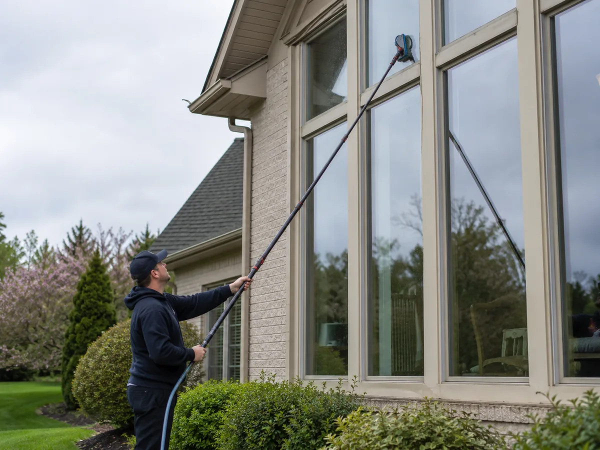 Water-fed pole reaching upper windows on a Beaufort County SC home