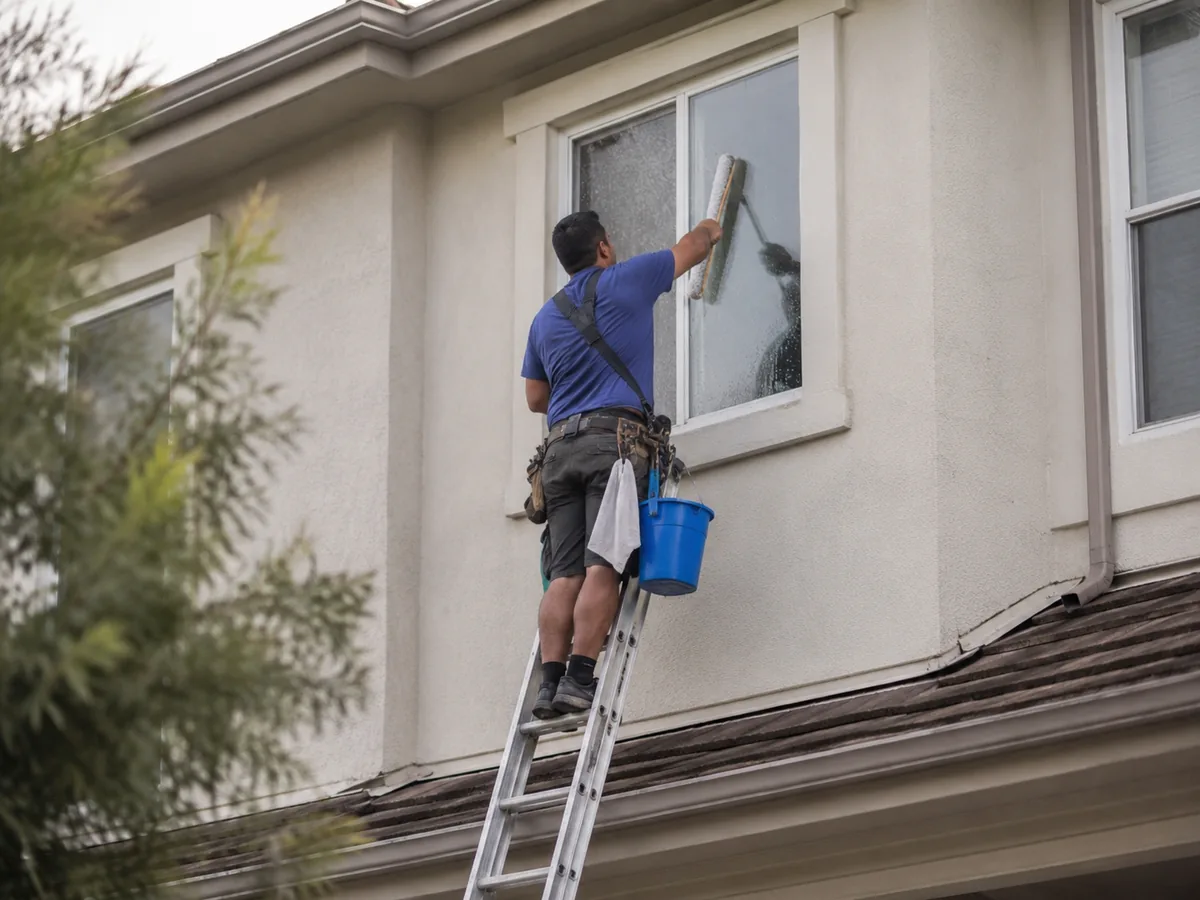 Cleaning an upper-storey window on a multi-story Charleston County SC home