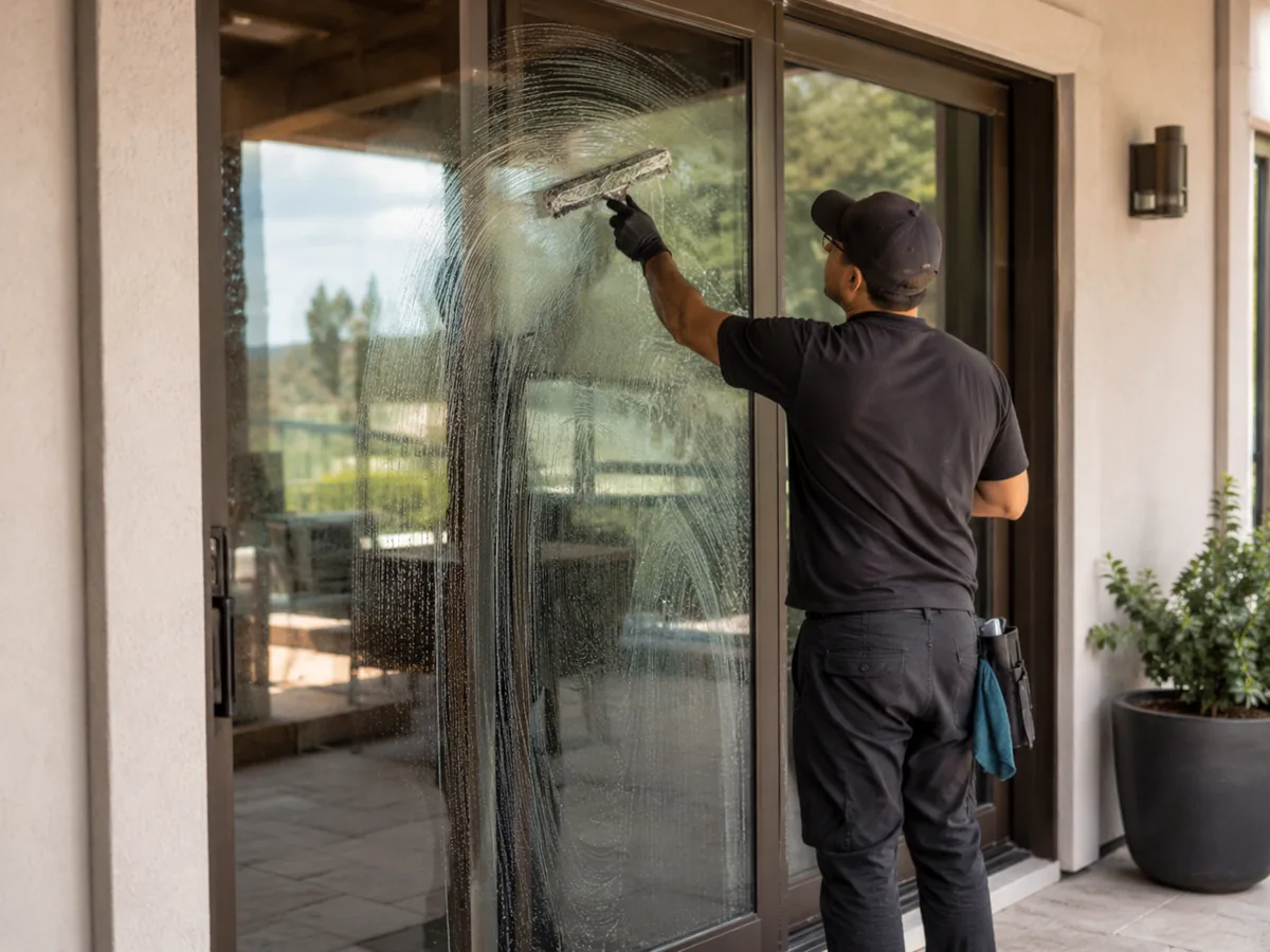 Cleaning an exterior sliding glass door at a Berkeley County SC home