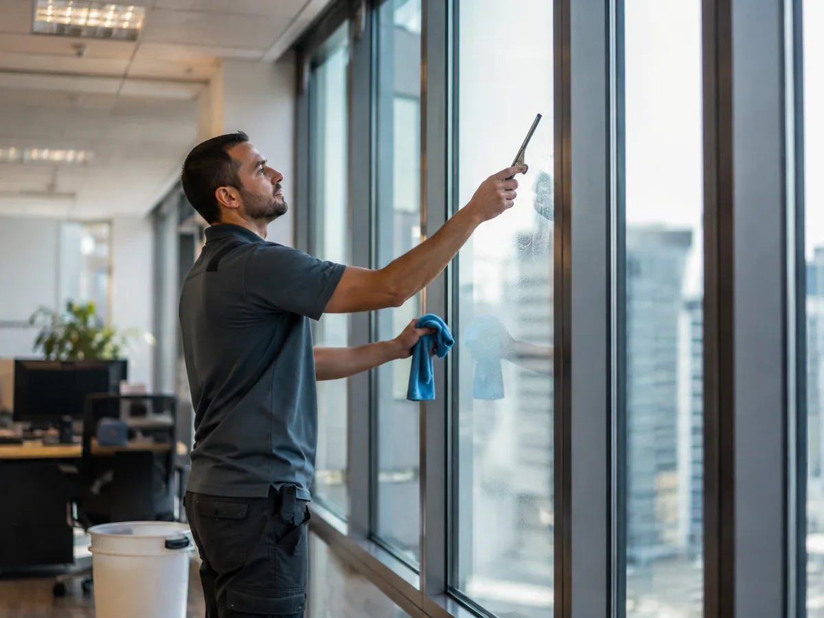 Cleaning interior glazing during a scheduled window cleaning visit