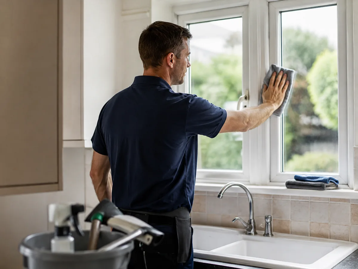 Cleaning an interior kitchen window in a Dorchester County SC family home