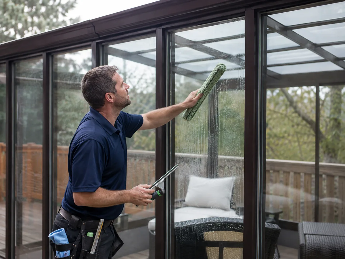 Cleaning sunroom glass on a Dorchester County SC property